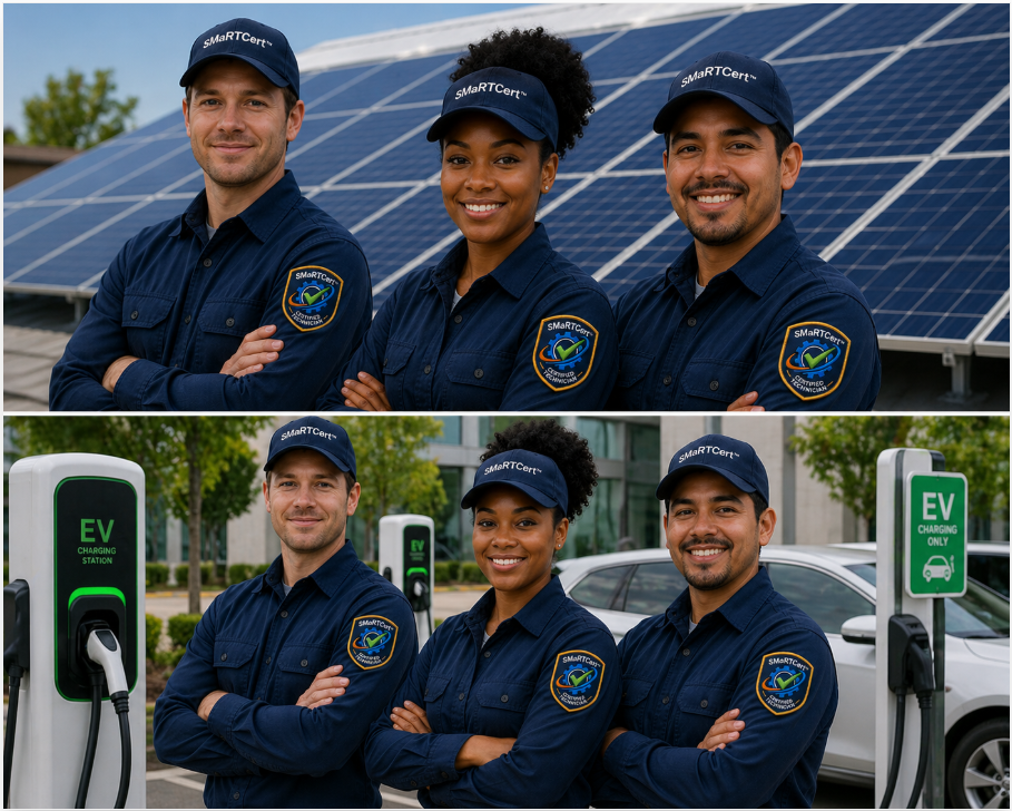 Technicians in front of solar array and EV chargers